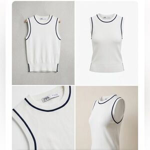 Zara White and Navy Trim Classic Crew Neck Tank Small